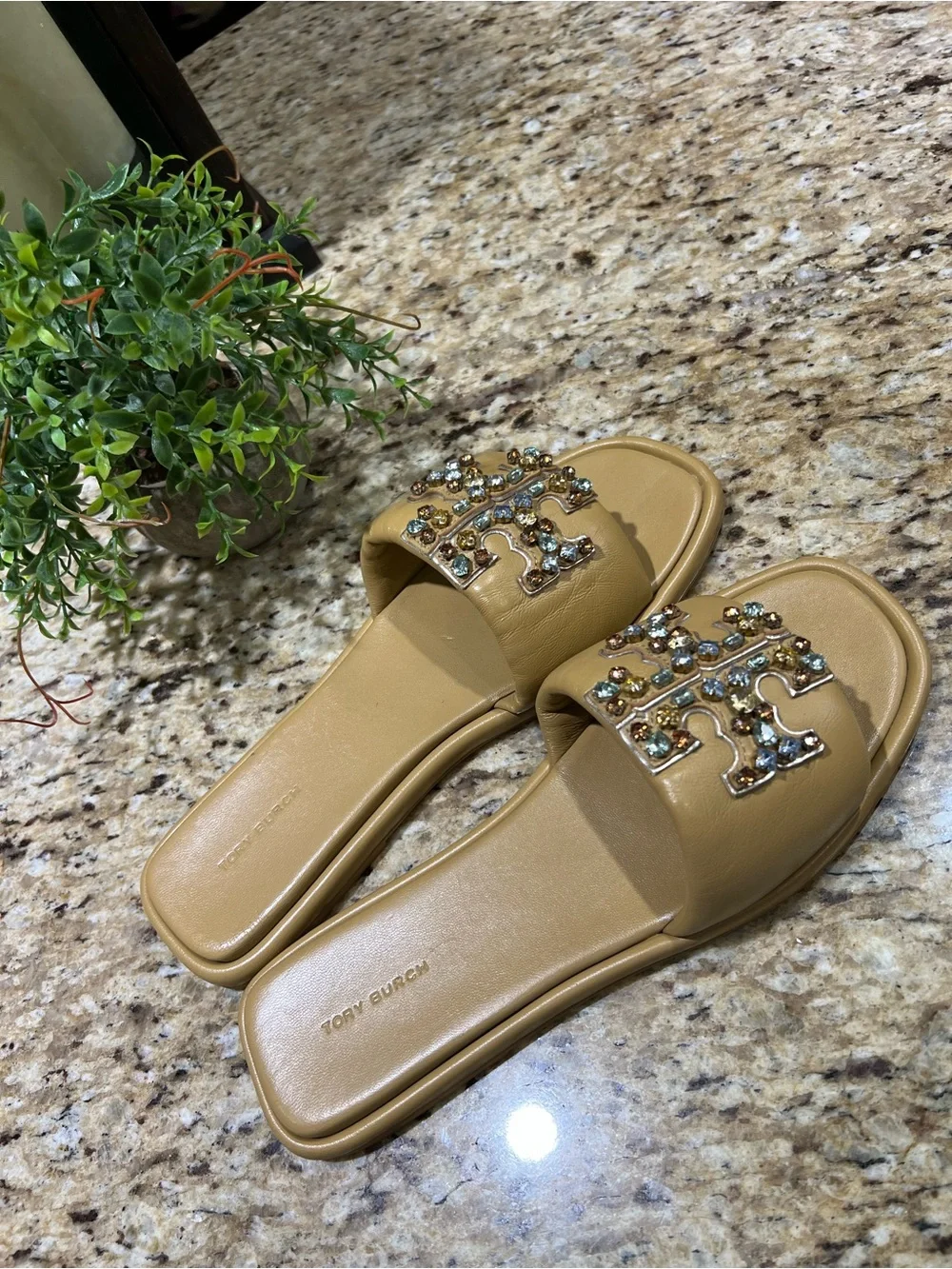 Tory Burch Eleanor Double T Crystal Slides Mules Sandals 10